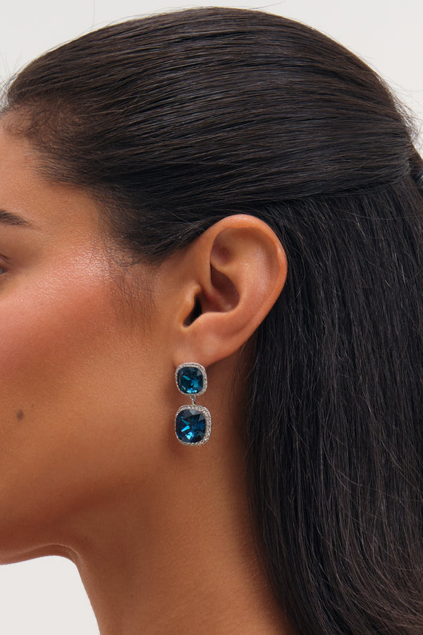 JON RICHARD RHODIUM PLATE AND SAPPHIRE DOUBLE DROP HALO EARRING