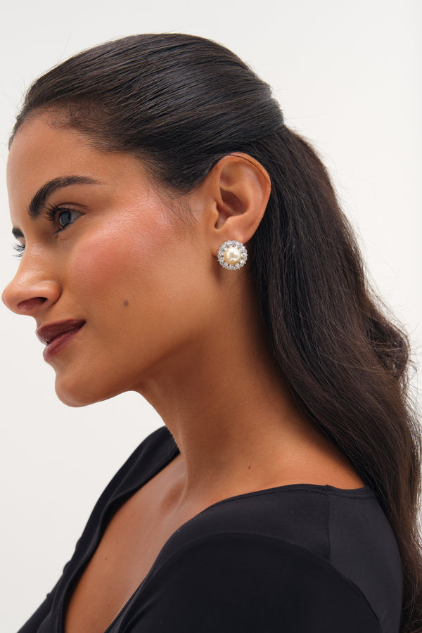 JON RICHARD RHODIUM PLATE PEARL AND PAVE STATEMENT HALO EARRING