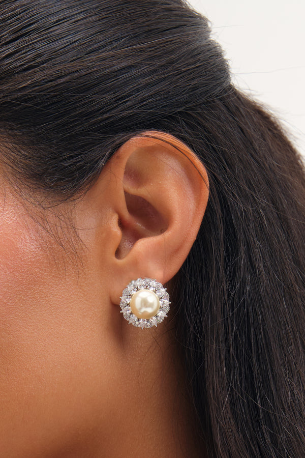 JON RICHARD RHODIUM PLATE PEARL AND PAVE STATEMENT HALO EARRING