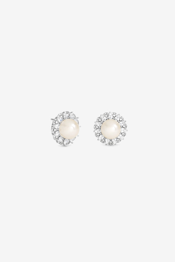 JON RICHARD RHODIUM PLATE PEARL AND PAVE STATEMENT HALO EARRING