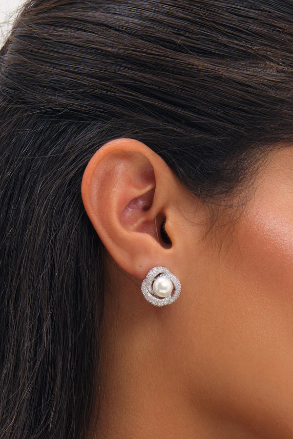 JON RICHARD RHODIUM PLATE PEARL AND PAVE KNOT STUD EARRING