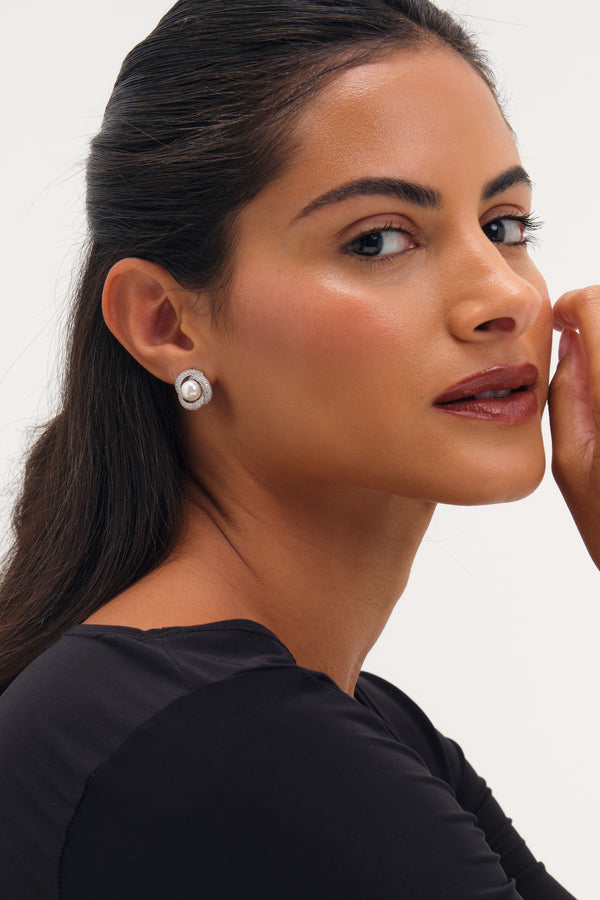 JON RICHARD RHODIUM PLATE PEARL AND PAVE KNOT STUD EARRING