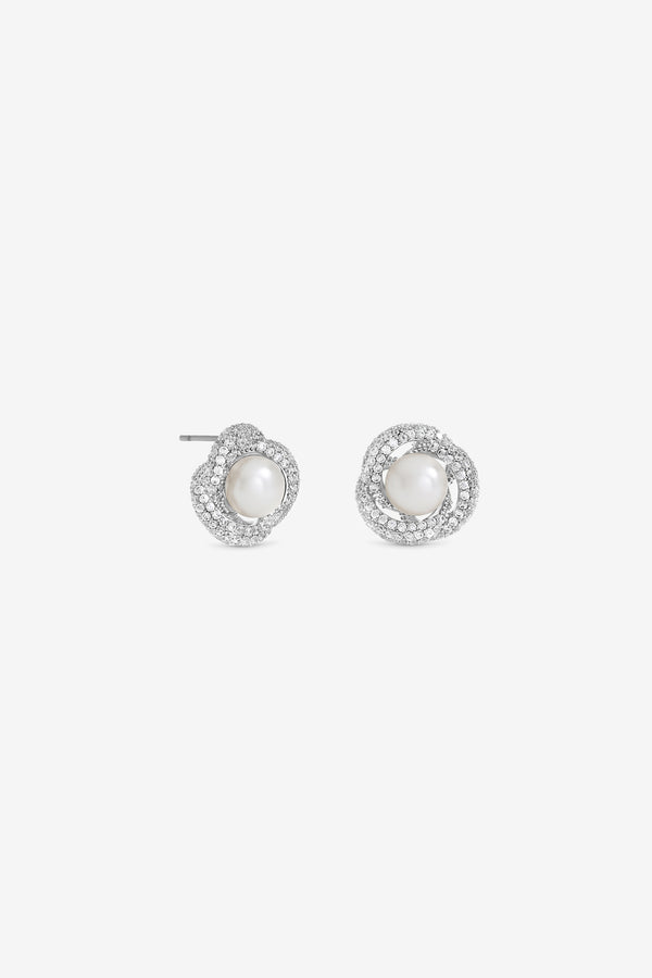 JON RICHARD RHODIUM PLATE PEARL AND PAVE KNOT STUD EARRING