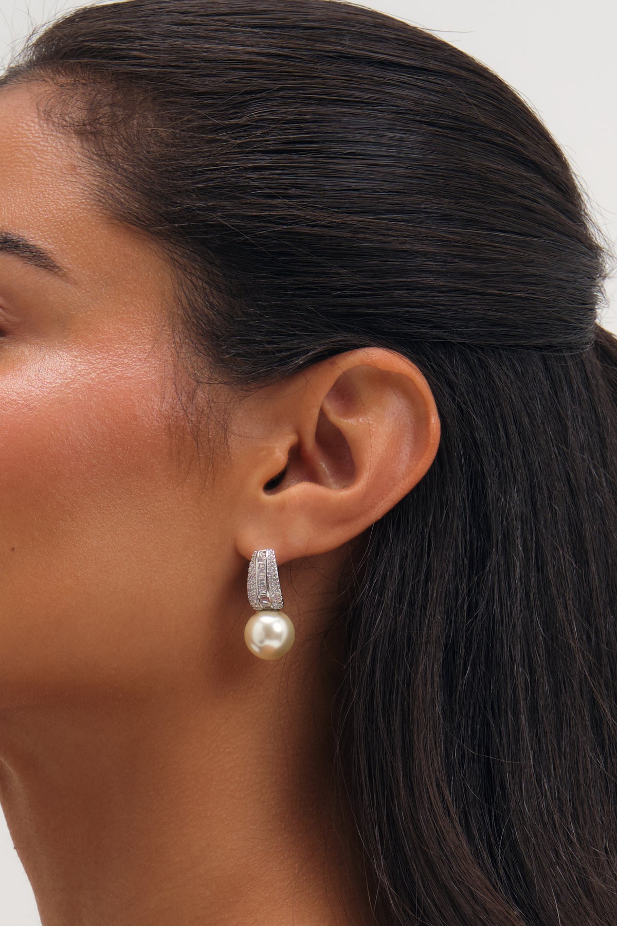 JON RICHARD RHODIUM PLATE PEARL AND PAVE DROP HOOP EARRING