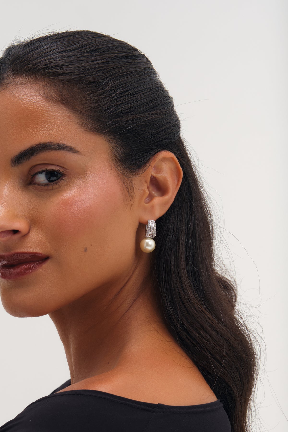 JON RICHARD RHODIUM PLATE PEARL AND PAVE DROP HOOP EARRING
