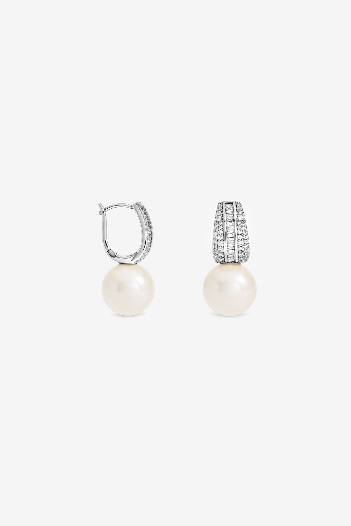 JON RICHARD RHODIUM PLATE PEARL AND PAVE DROP HOOP EARRING