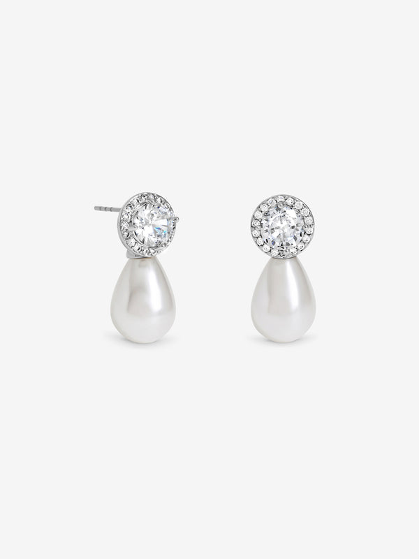 Jon Richard Rhodium Plated Pearl And Crystal Halo Drop Earrings