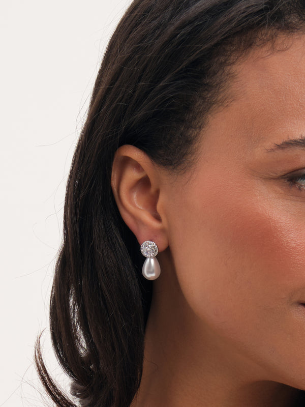 Jon Richard Rhodium Plated Pearl And Crystal Halo Drop Earrings