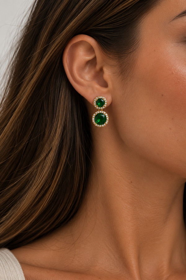 Jon Richard Gold Plated Cubic Zircona Emerald Double Halo Drop Earrings