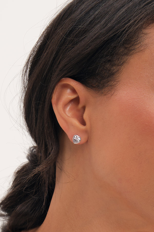 Navy Xmas Cracker - Silver Bezel Heart Stud Earrings
