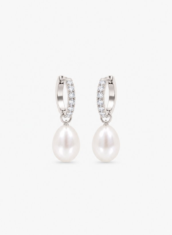 Jon Richard Rhodium Plated Pave Freshwater Pearl Hoop Earrings