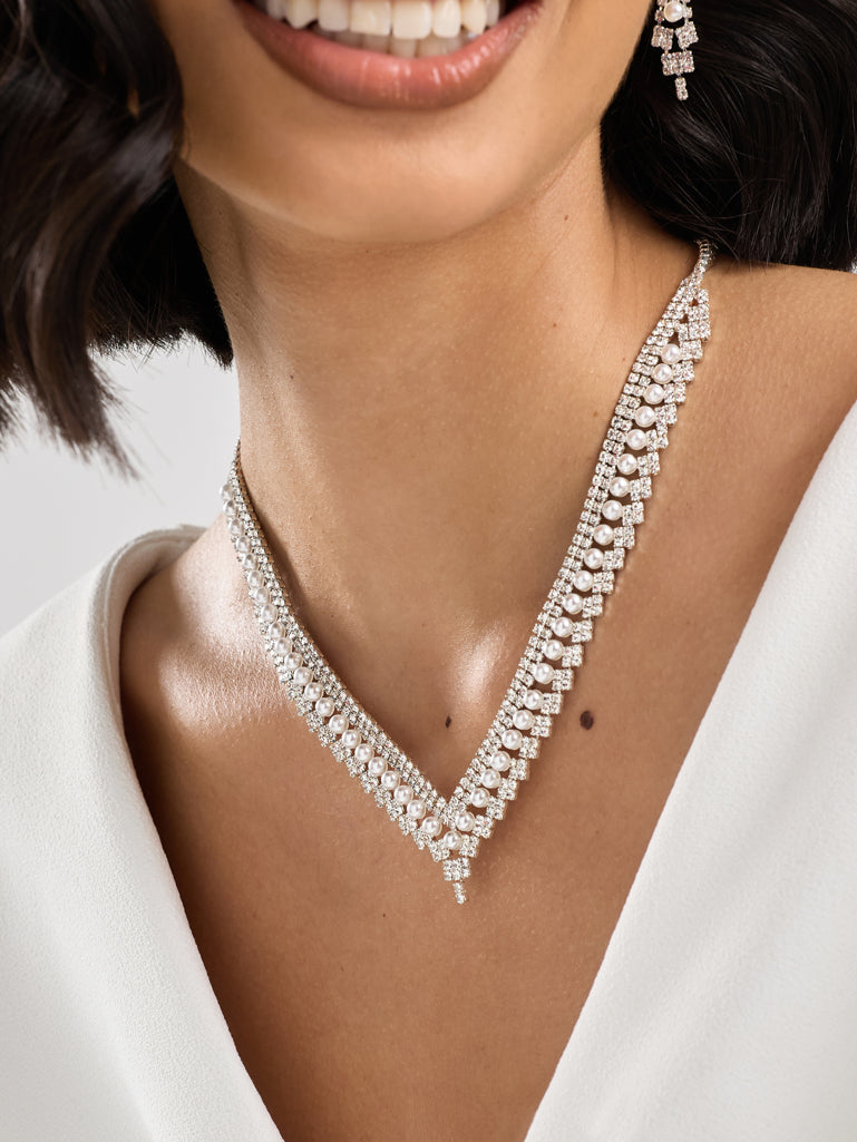 Jon Richard Silver Plated Pearl And Crystal V Necklace