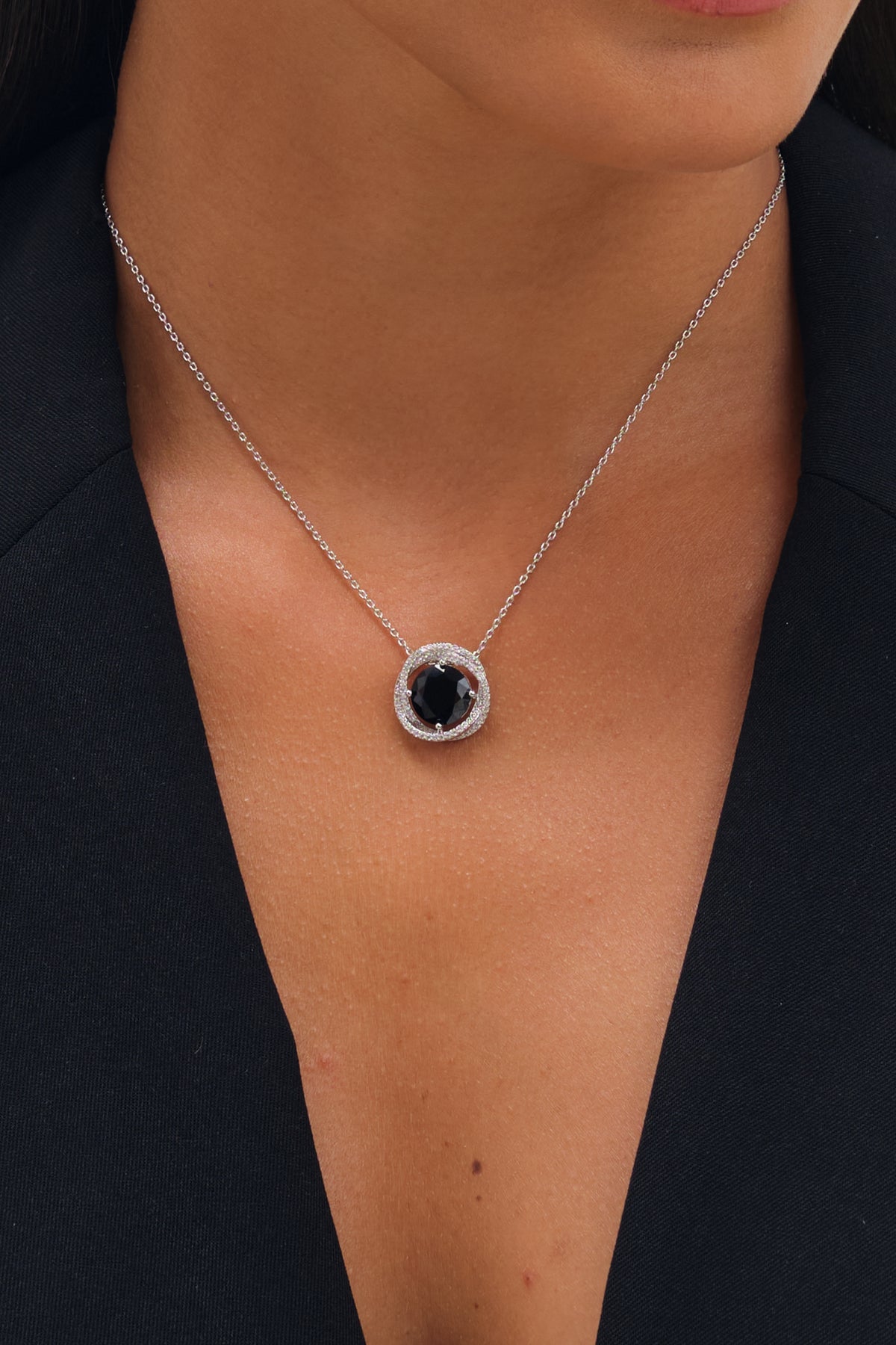 JON RICHARD RHODIUM PLATE CUBIC ZIRCONIA TWIST HALO SAPPHIRE PENDANT