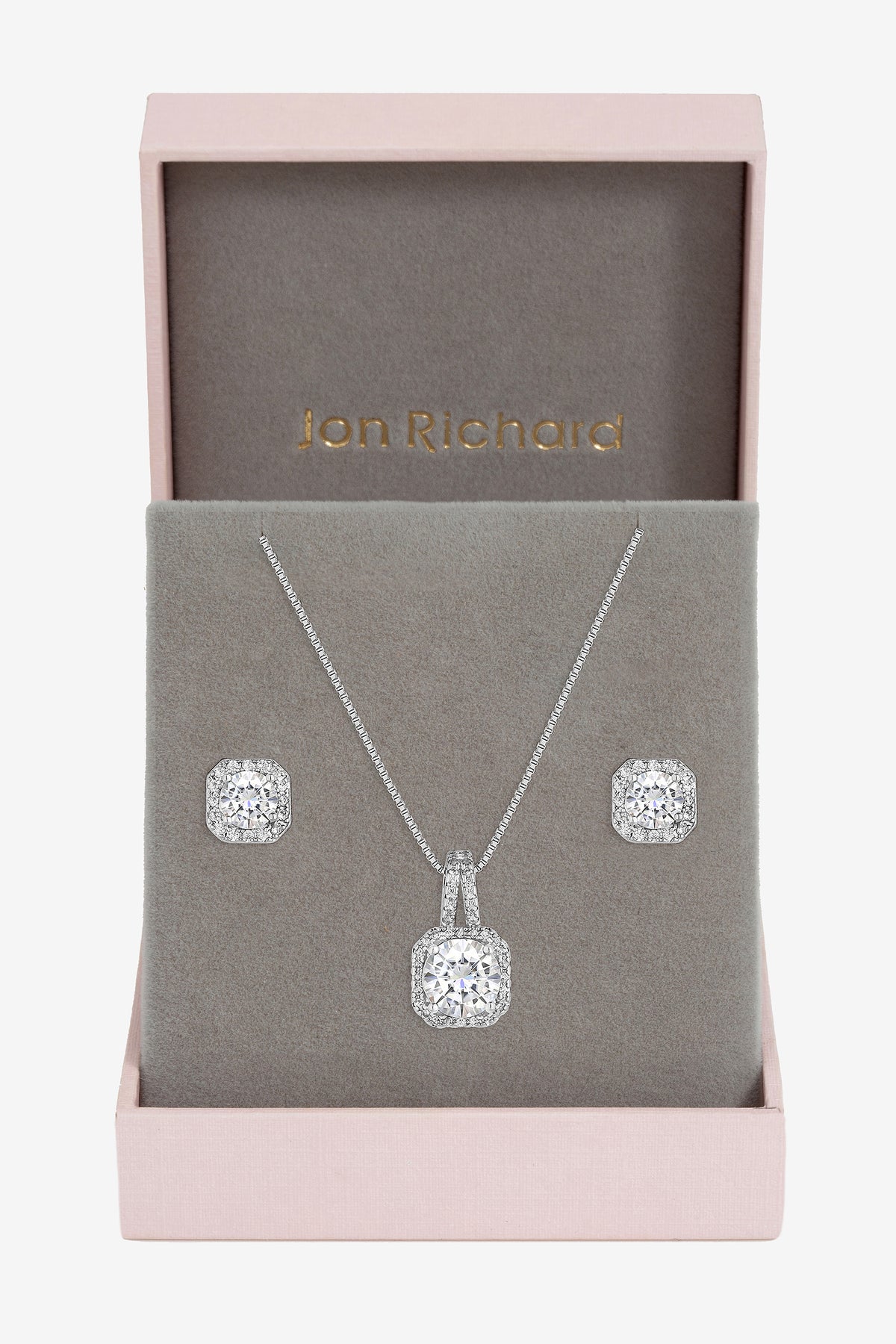 Silver Plated Cubic Zirconia Square Drop Pendant And Earring Set - Gift Boxed