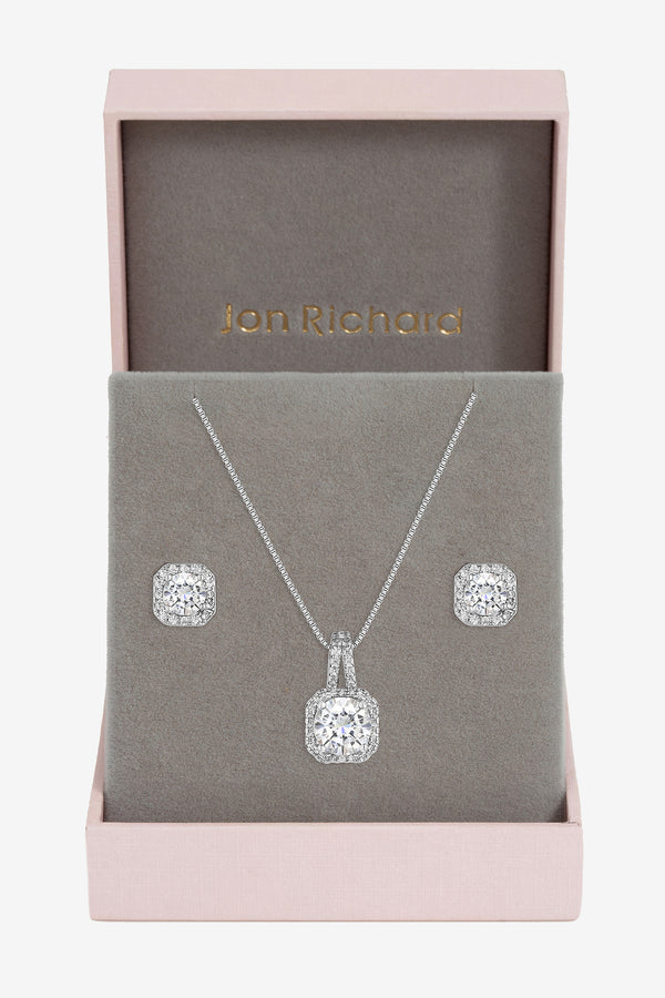 Silver Plated Cubic Zirconia Square Drop Pendant And Earring Set - Gift Boxed