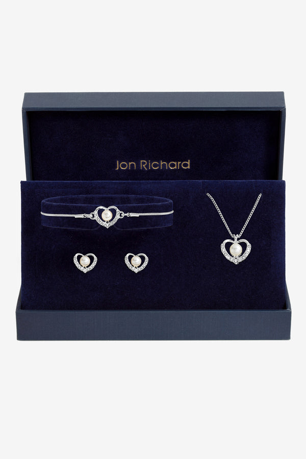 Jon Richard Silver Plated Pearl And Crystal Heart Trio Set - Gift Boxed