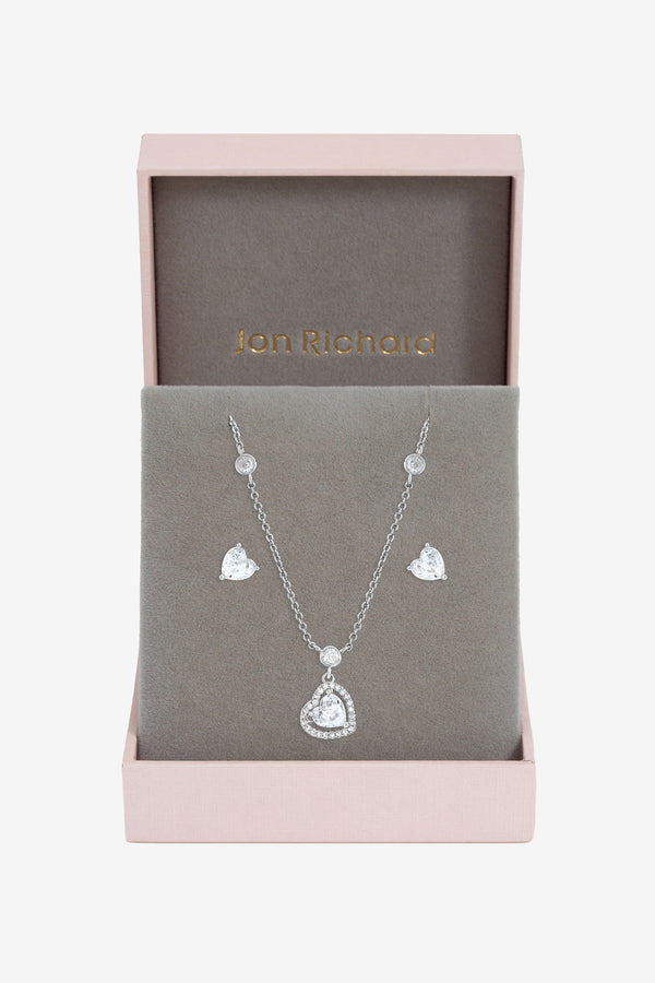 Jon Richard Rhodium Plated and Cubic Zirconia Heart Drop Set - Gift Box
