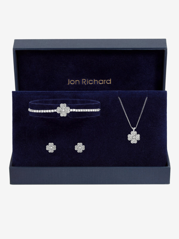 Jon Richard Silver Plated and Pave Clover Trio Set - Gift Box