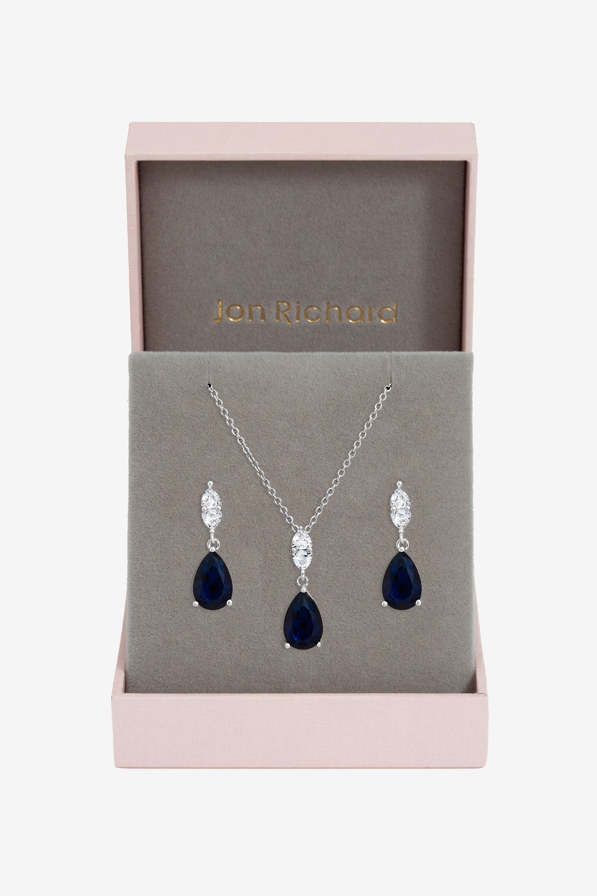 Jon Richard Rhodium Plated And Sapphire Peardrop Box Set
