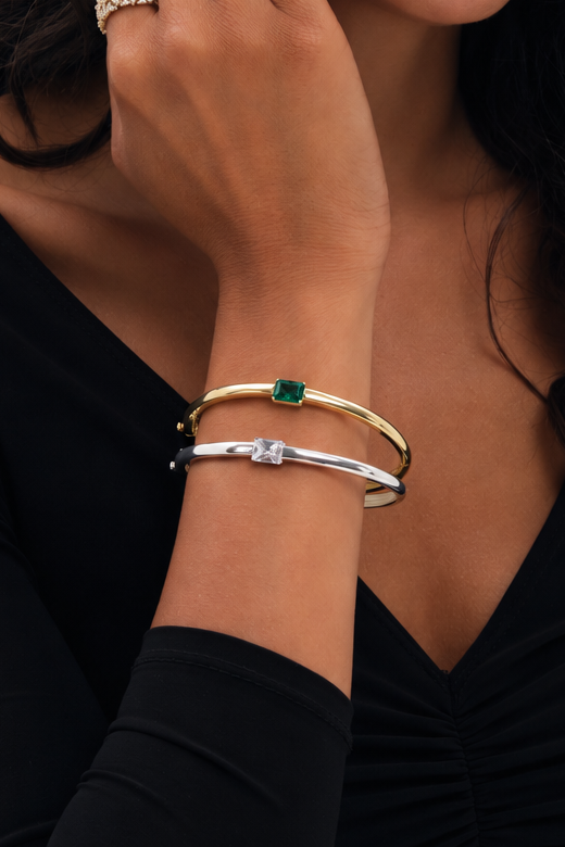 Jon Richard Gold Plated and Emerald Cubic Zirconia Polished Bangle