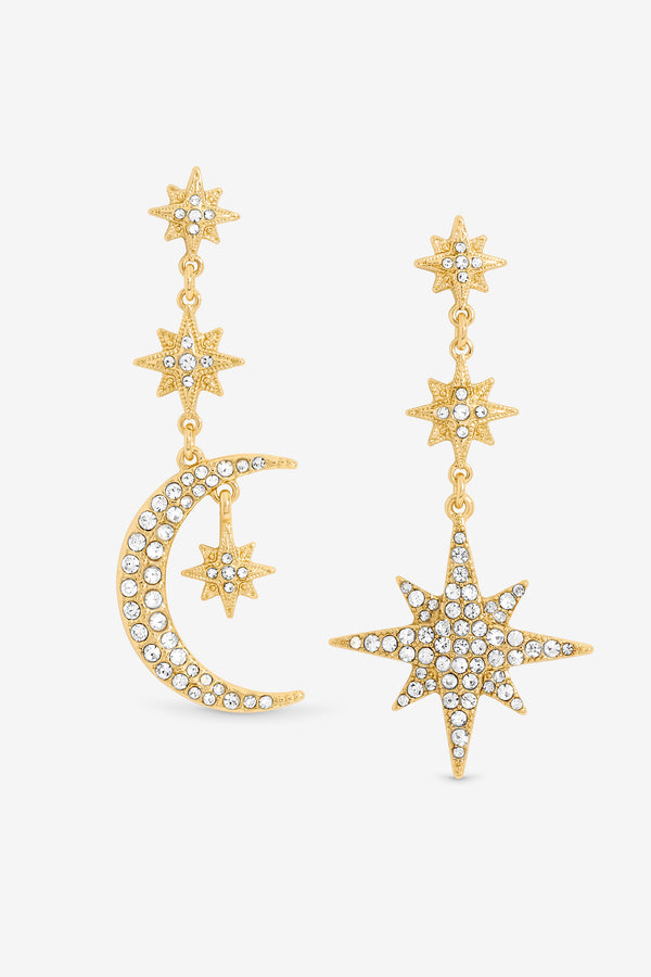 Gold Plated Mix And Match Stars And Moon Drop Earrings