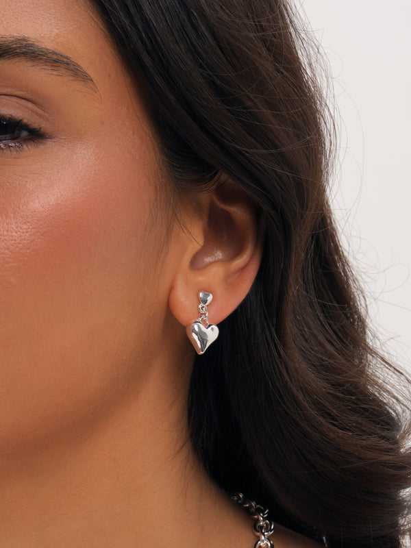 Mood Silver Plated Polished Puff Heart Drop Earrings