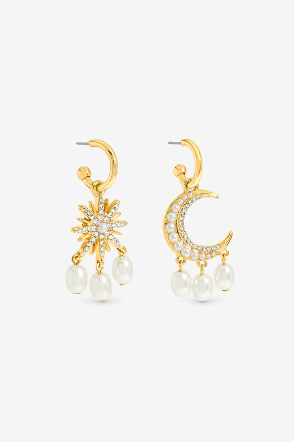 MOOD GOLD PLATE AND PEARL CELESTIAL MISS MATCH EARRING