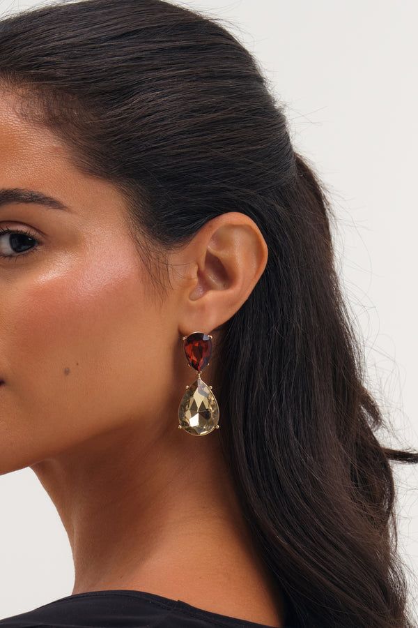 MOOD GOLD PLATE BROWN STATEMENT PEAR DROP EARRNGS