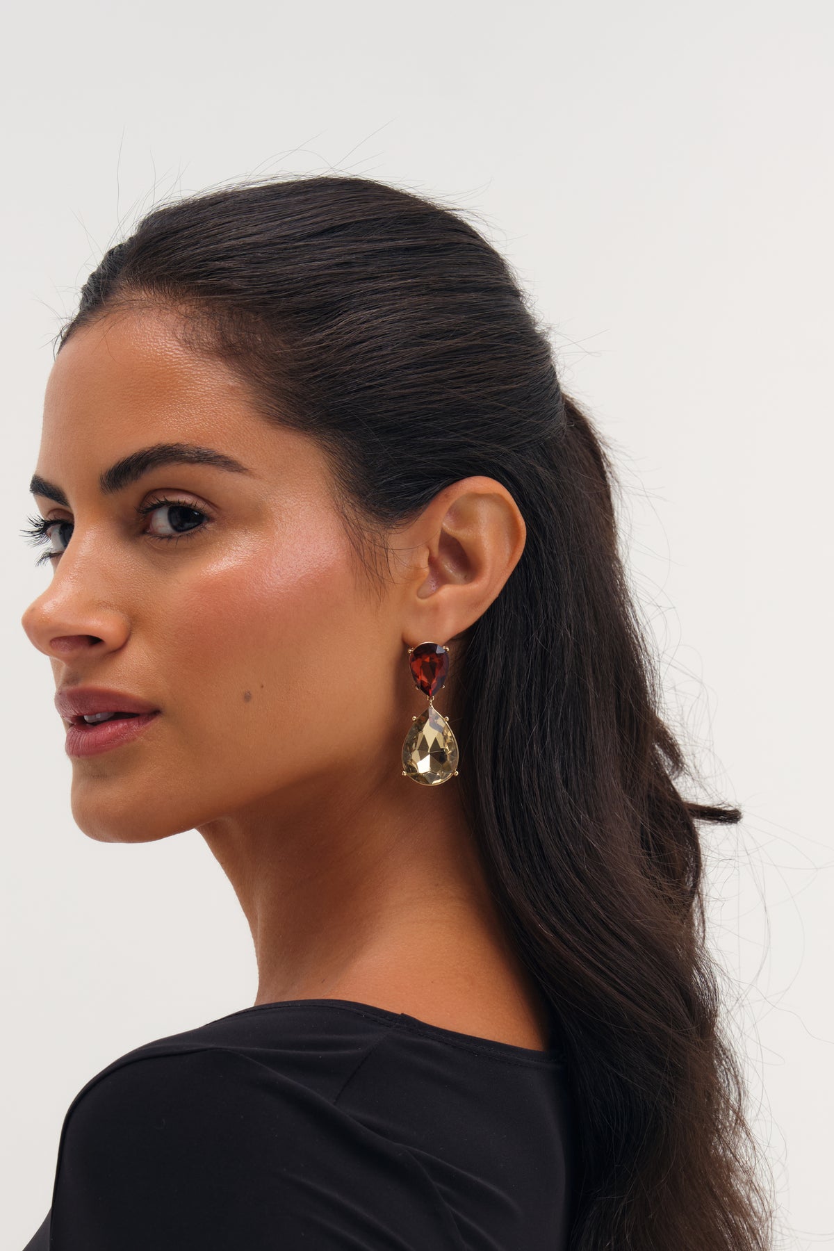 MOOD GOLD PLATE BROWN STATEMENT PEAR DROP EARRNGS