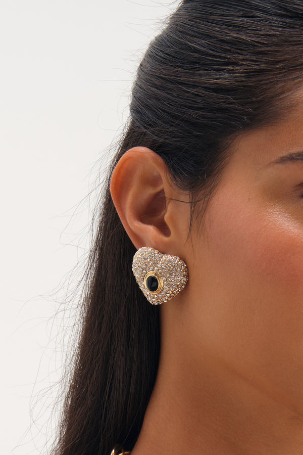 MOOD GOLD PLATE PAVE AND JET STONE HEART STUD EARRINGS