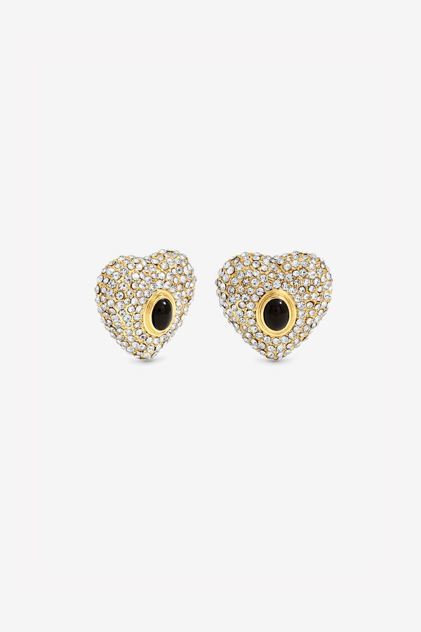 MOOD GOLD PLATE PAVE AND JET STONE HEART STUD EARRINGS