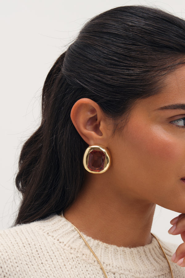 MOOD GOLD PLATE AND BURGUNDY STONE STATEMENT STUD EARRING