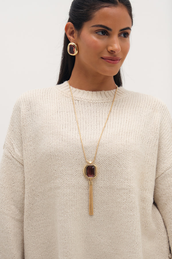 MOOD GOLD PLATE AND BURGUNDY STONE STATEMENT STUD EARRING