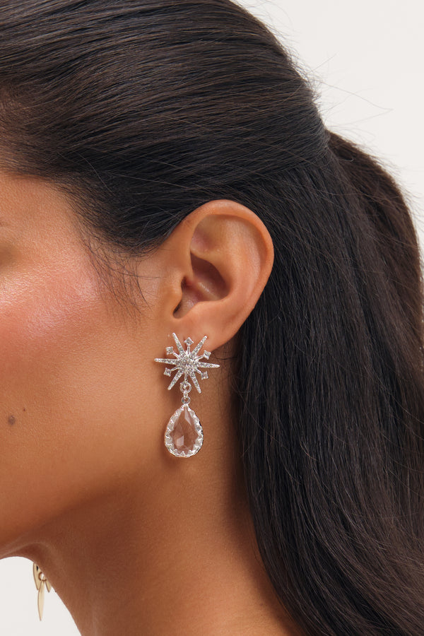 Mood Silver Plated And Crystal Star Drop Earrings