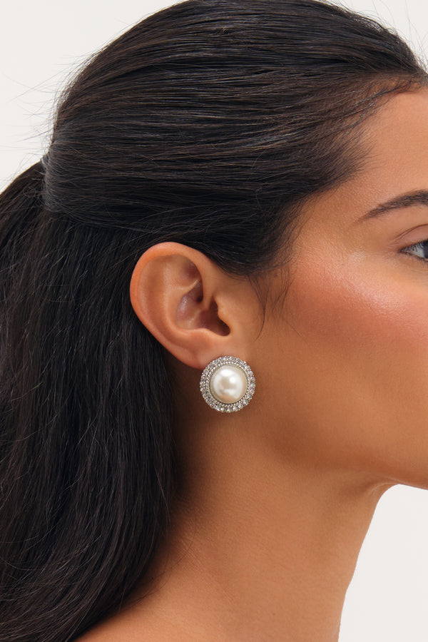 Mood Rhodium Plated Crystal And Pearl Statement Stud Earrings