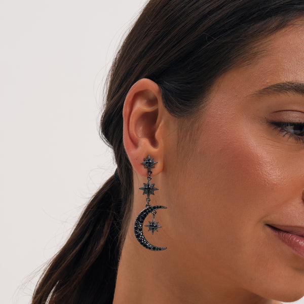 Mood Jet Crystal Moon & Star Statement Drop Earrings