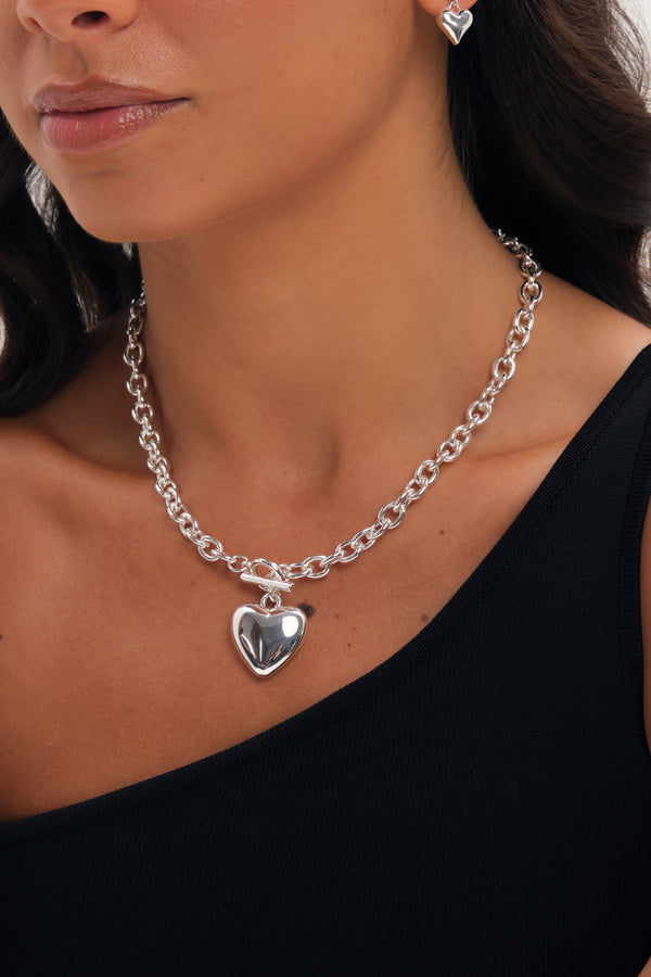 Mood Silver Plated And Polished Puff Heart T-Bar Necklace