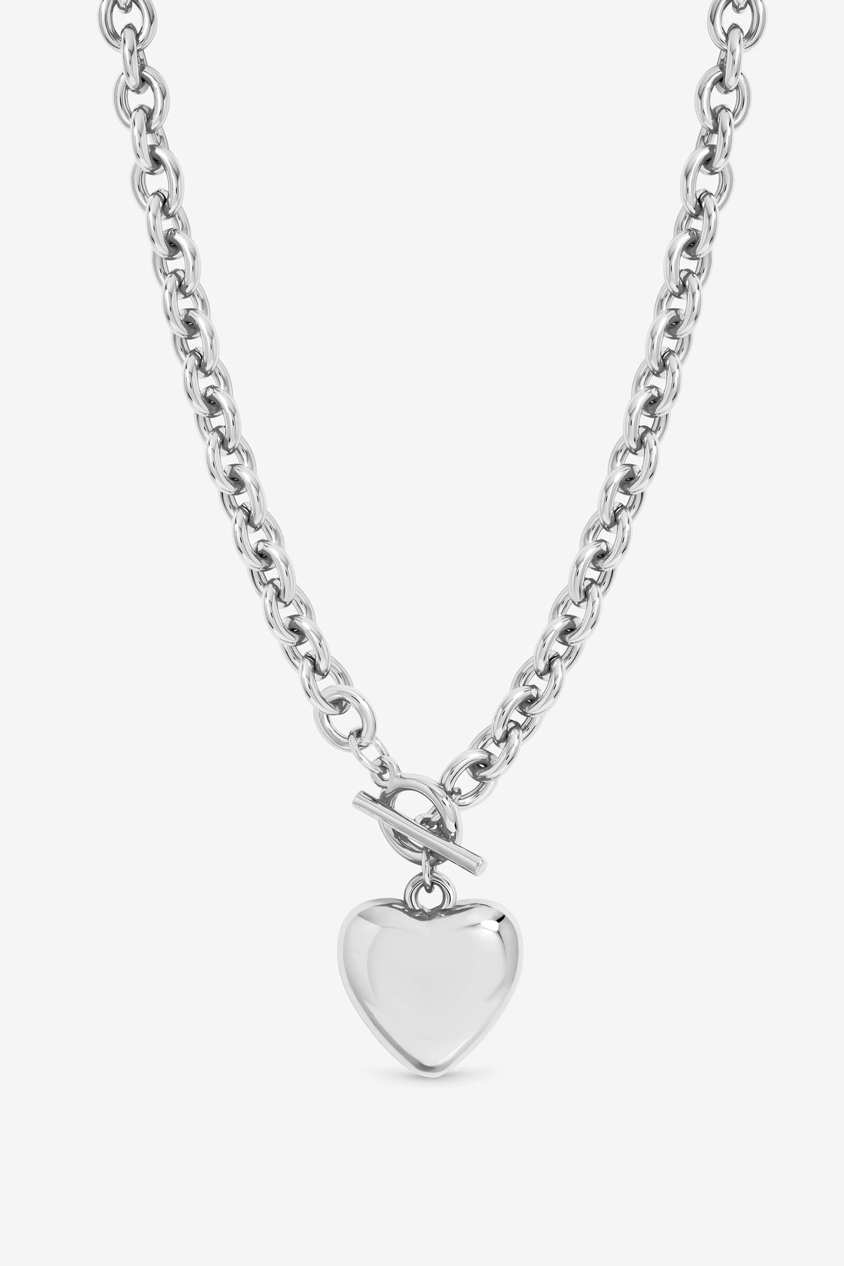 Mood Silver Plated And Polished Puff Heart T-Bar Necklace