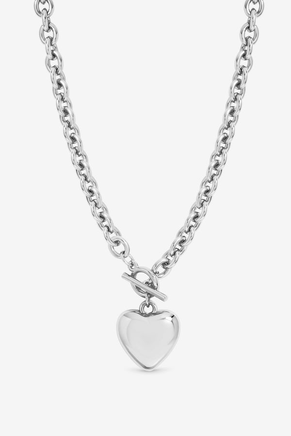 Mood Silver Plated And Polished Puff Heart T-Bar Necklace