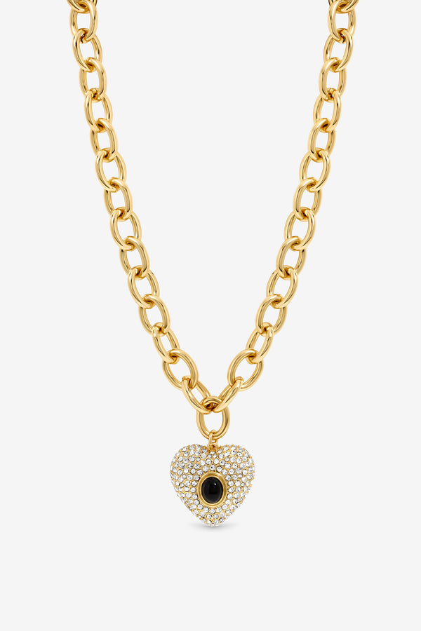 MOOD GOLD PLATE PAVE AND JET STONE HEART CHAIN NECKLACE