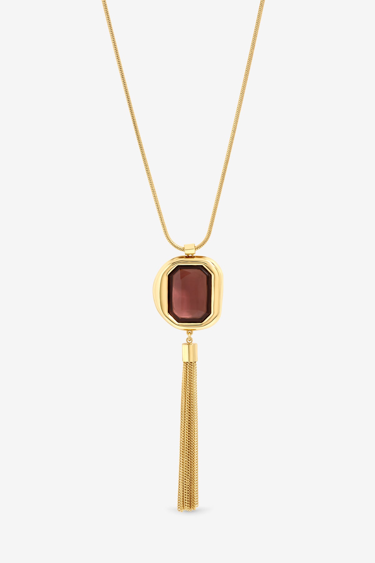 MOOD GOLD PLATE AND BURGUNDY STONE STATEMENT TASSEL PENDANT