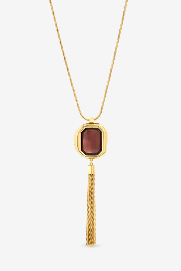 MOOD GOLD PLATE AND BURGUNDY STONE STATEMENT TASSEL PENDANT