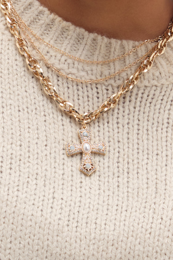 MOOD GOLD PLATE MULTI LAYERED CROSS NECKLACE
