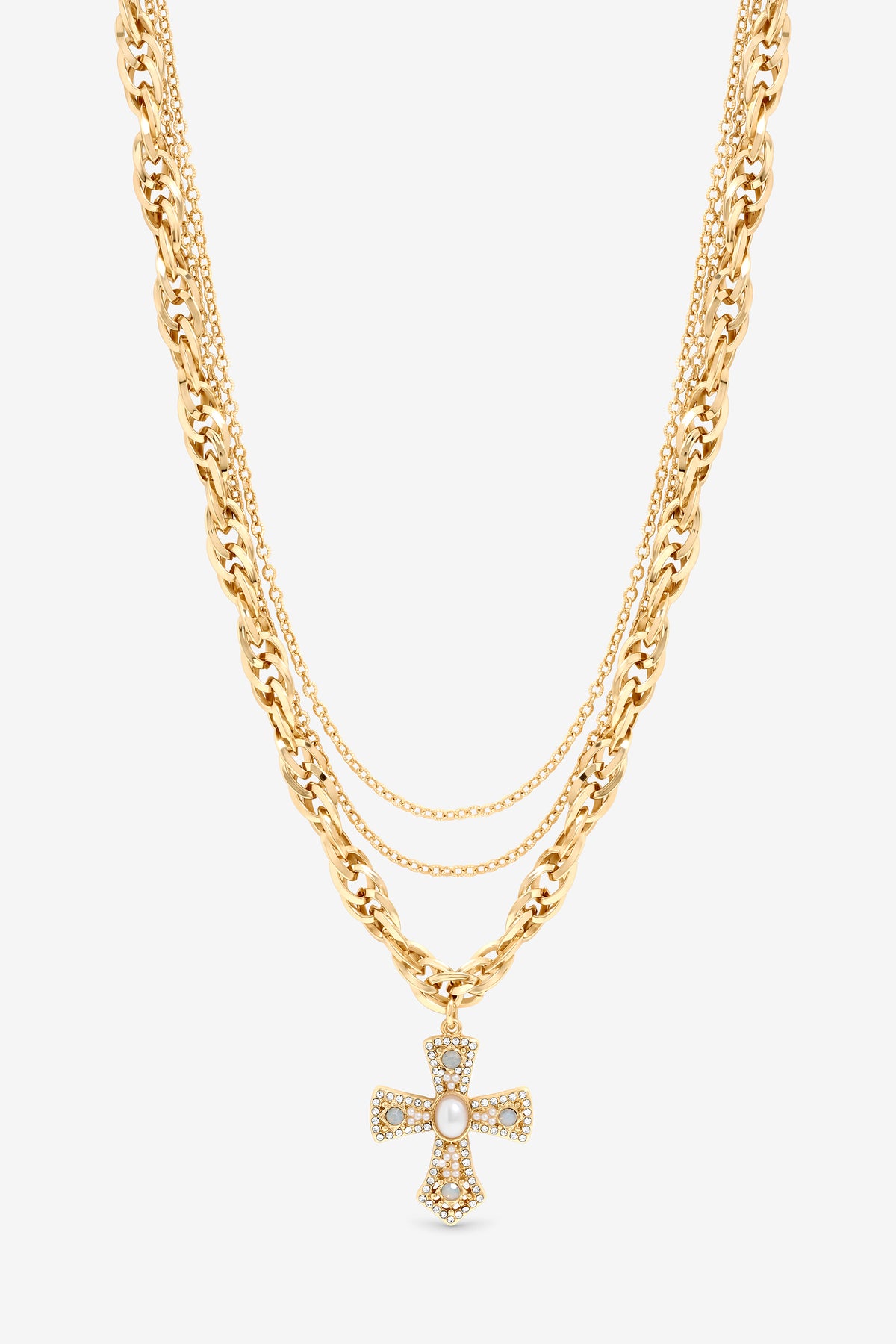 MOOD GOLD PLATE MULTI LAYERED CROSS NECKLACE