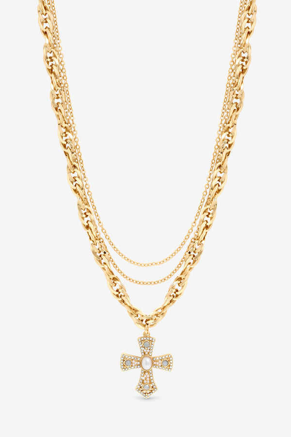 MOOD GOLD PLATE MULTI LAYERED CROSS NECKLACE