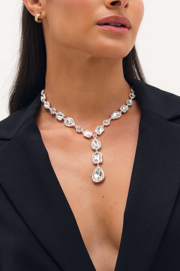 MOOD SILVER PLATE AND CRYSTAL MULTISTONE Y DROP NECKLACE