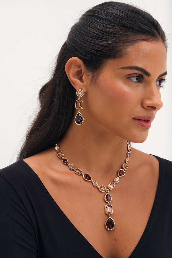MOOD GOLD PLATE AND RED TONAL STONE Y DROP NECKLACE