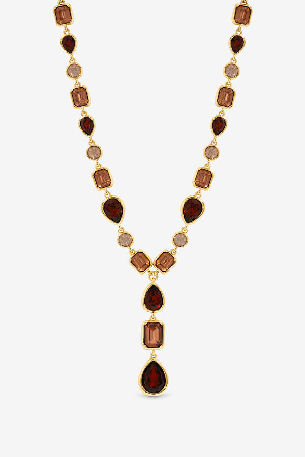 MOOD GOLD PLATE AND RED TONAL STONE Y DROP NECKLACE