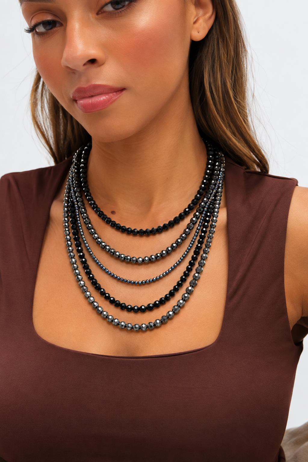 Mood Jet Beaded Multirow Necklace