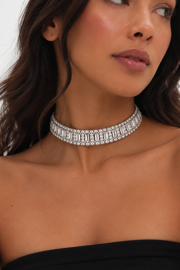 Mood Silver Plated And Crystal Baguette Choker Necklace